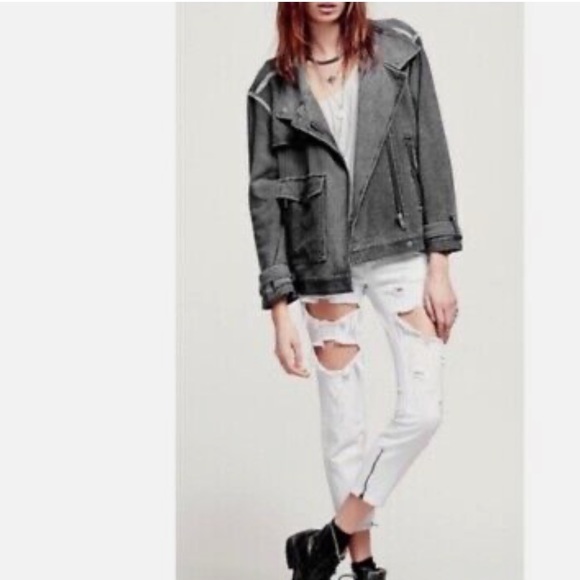 Free People Jacket oversized Moto Railroad Conductor Pinstripe knit bomber black - Picture 2 of 10